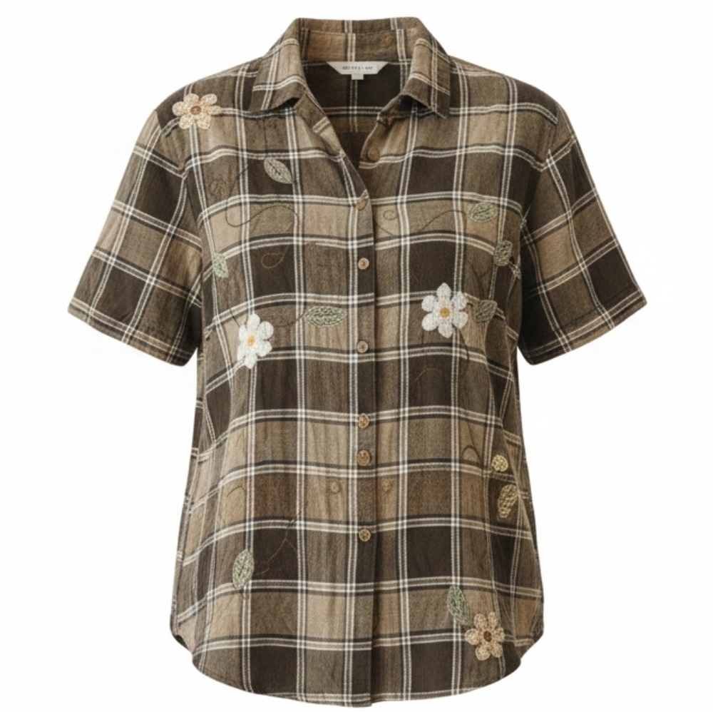 ♻️Bobbie Brooks Plaid Embroidered Floral Button Front Shirt L 100% Cotton